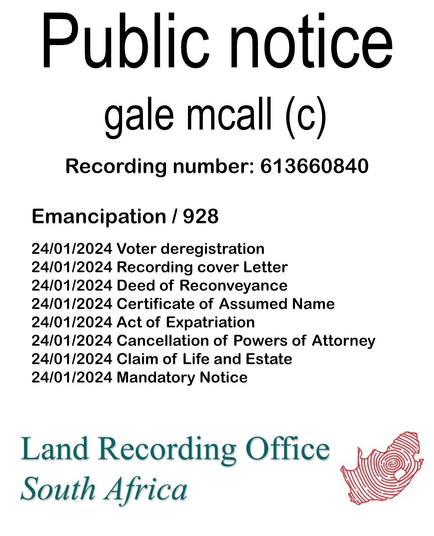 Public notice gale mcall Recording number 613660840